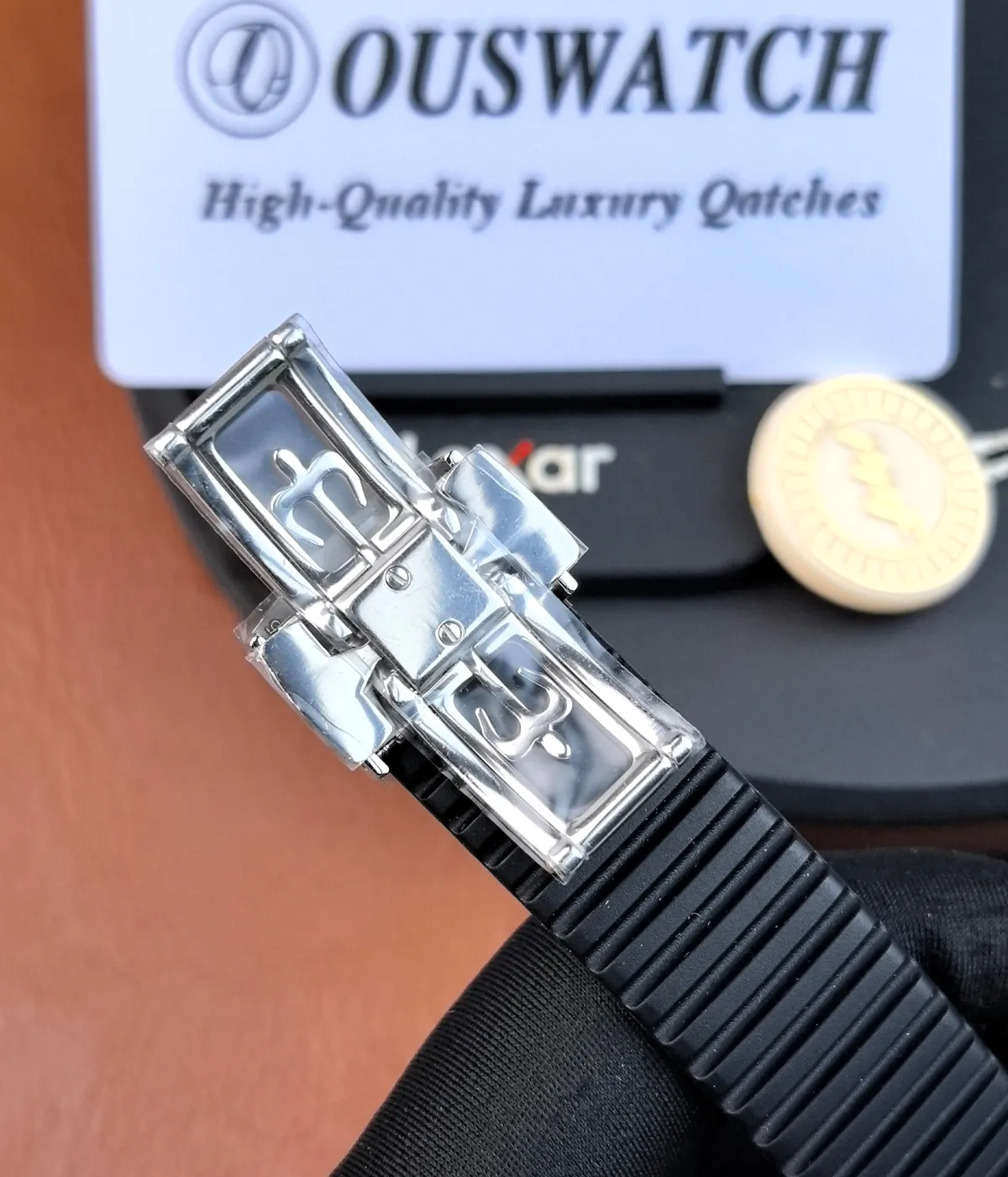 Close-up of the clasp on a Patek Philippe Aquanaut 5167A Black Strap watch