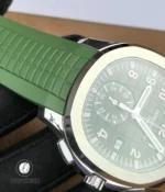 Enlarged view of the subdial at 6 o’clock on the Aquanaut 5968G-010, capturing the chronograph register details and textured green dial pattern.