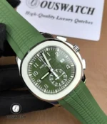 Angled presentation of the green Patek Philippe Aquanaut, offering a dynamic look at the dial depth, case shape, and integrated strap design.