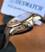 Side detail of the case and crown on the 5164R, with a clear view of the warm rose gold finishing and the practical controls built into the watch profile.