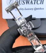 Close-up of the unfolded clasp on a Patek Philippe Aquanaut black 5167A-001 watch