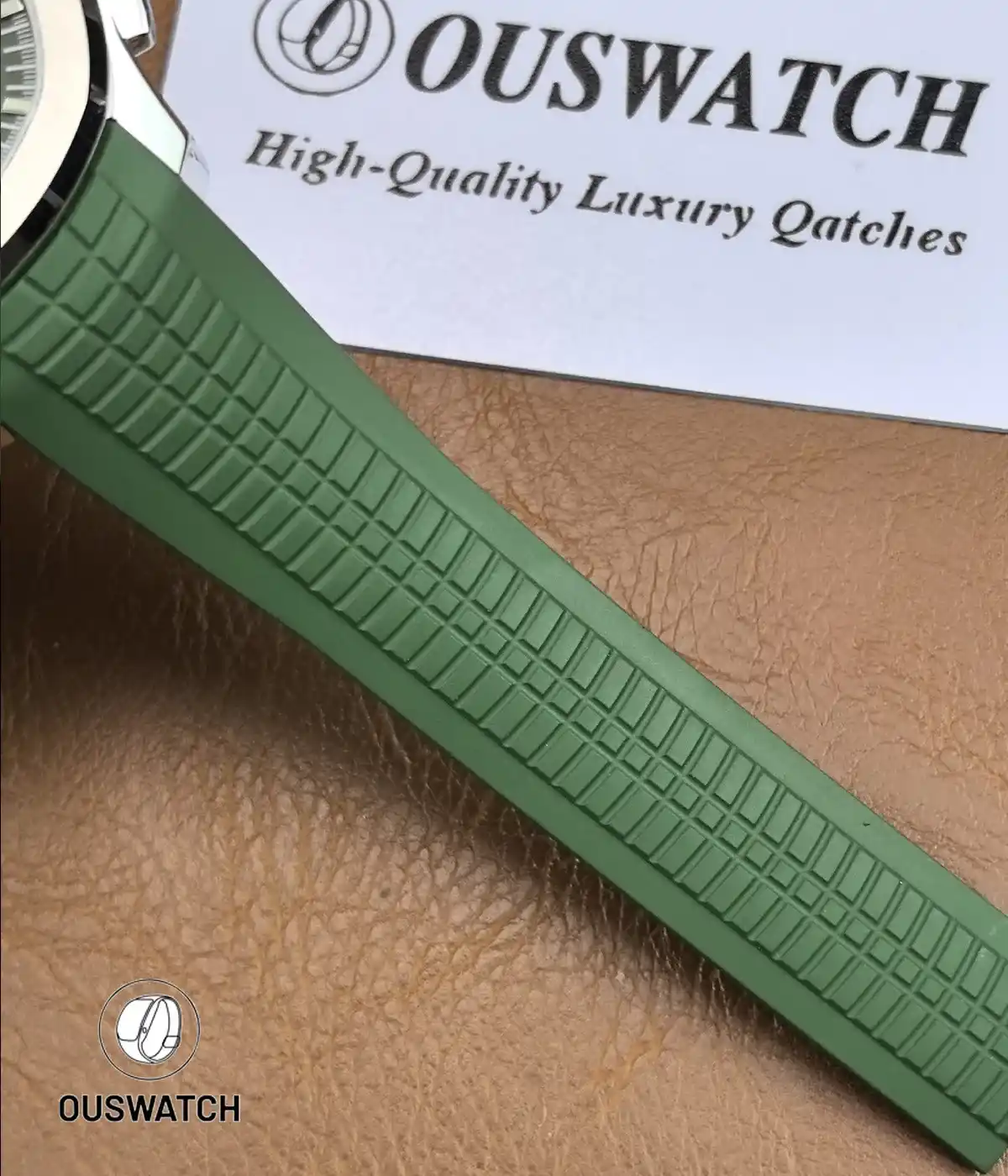 Focused view of the green strap paired with the white gold Aquanaut 5968G, showing its textured surface and sporty integrated style.