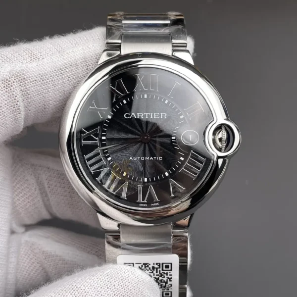 Front view of the Cartier Ballon Bleu W6920042 with 42mm stainless steel case and black dial.