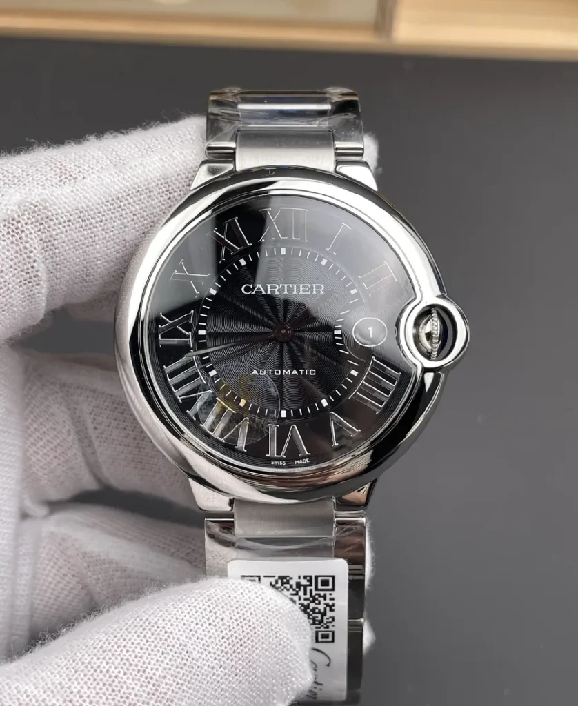 Front view of the Cartier Ballon Bleu W6920042 with 42mm stainless steel case and black dial.