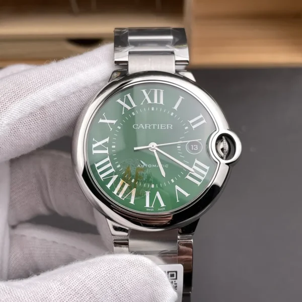 Front view of the Cartier Ballon Bleu WSBB0071 with 40mm stainless steel case and dark green sunray dial.