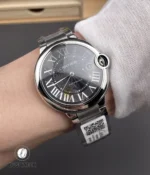 Wrist shot showing the 42mm Ballon Bleu W6920042 black dial size and wearing presence.