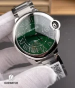 Cartier Ballon Bleu WSBB0071 green dial front angled view with steel bracelet