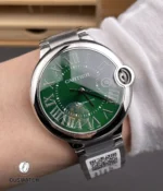 Wrist shot showing the 40mm Ballon Bleu WSBB0071 green dial size and wearing presence.