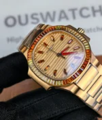 Side angle view highlighting the dial texture and diamond-set bezel of the ladies rose gold watch.