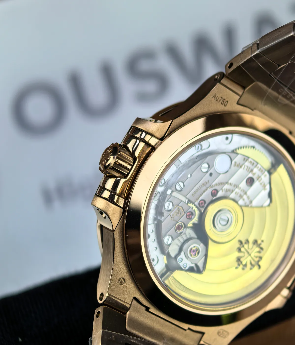 Rear view of the ladies rose gold luxury sports watch with sapphire crystal caseback.