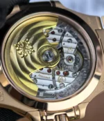 Close-up of the automatic movement visible through the transparent caseback.