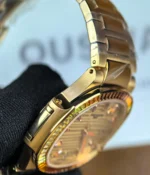 Detailed view of the chamfered edges and refined finishing craftsmanship on the rose gold watch case.