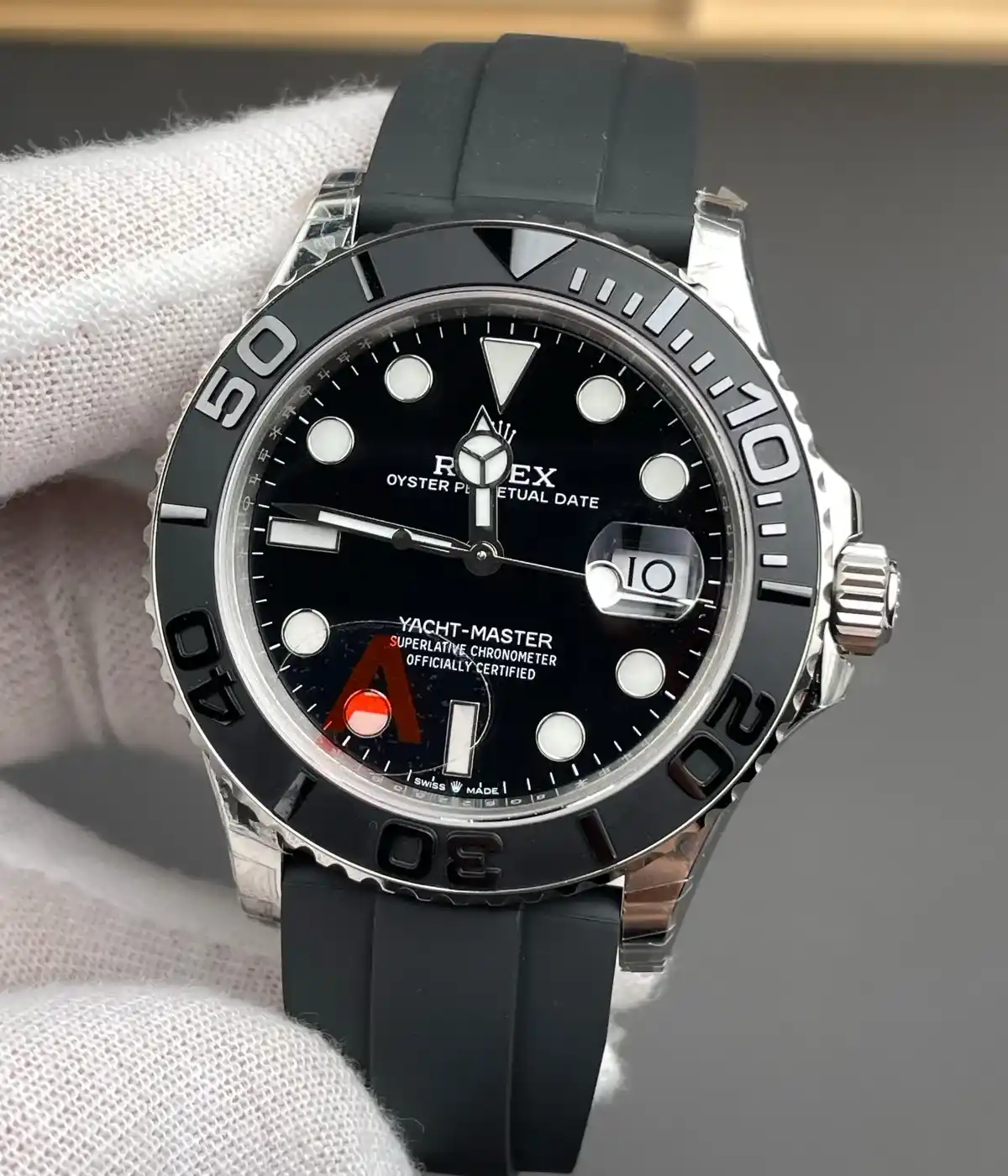 Detailed view of the dial, bezel, and strap of the Rolex 226659 Yacht-Master watch.