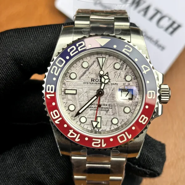Front view of the Rolex GMT-Master II Pepsi Meteorite 126719BLRO-0002 super clone watch with meteorite dial and ceramic bezel.
