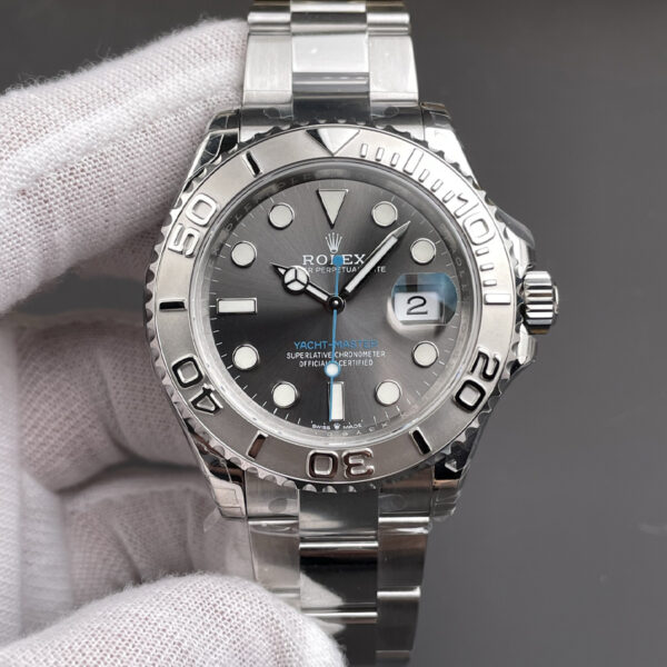 Front view of the Rolex Yacht-Master 40 126622 rhodium dial super clone with platinum bezel and Oyster bracelet.