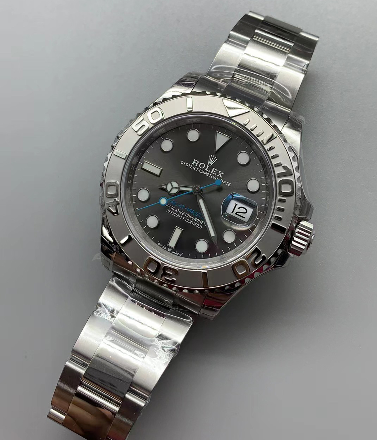 Rolex Yacht-Master 40 rhodium dial super clone showing the dial layout, bezel texture, and case proportions.