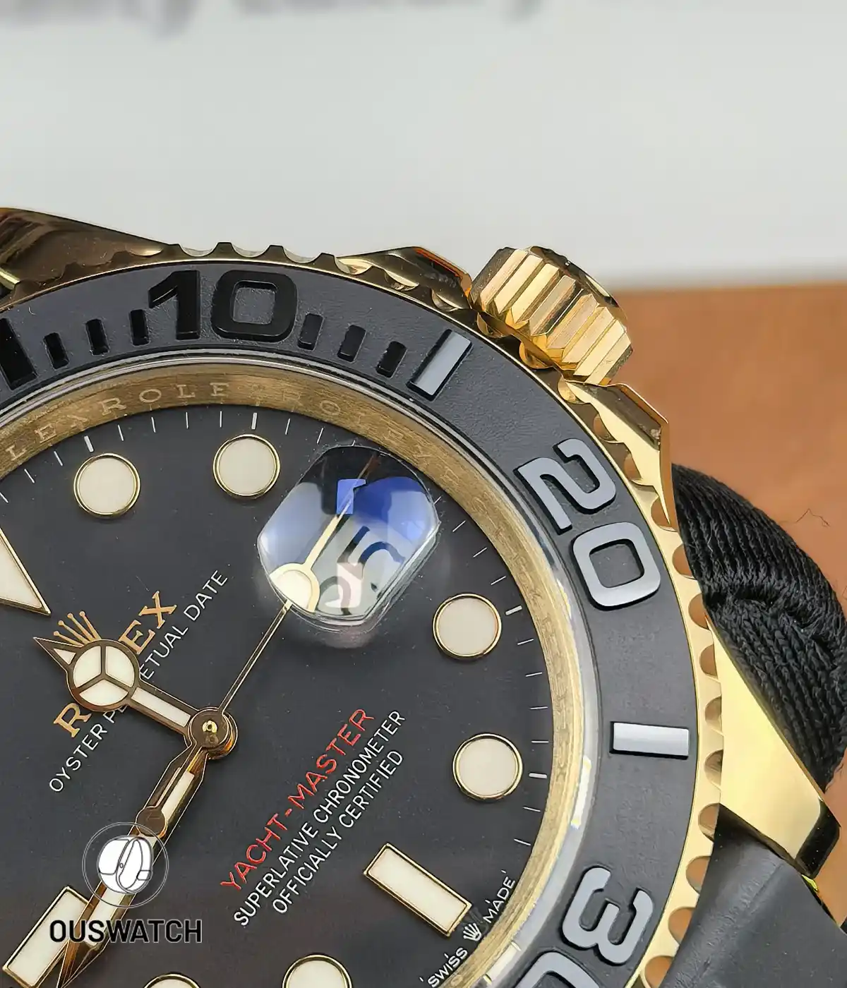 Close-up of the date window on the Rolex Yacht-Master M126655-0002.