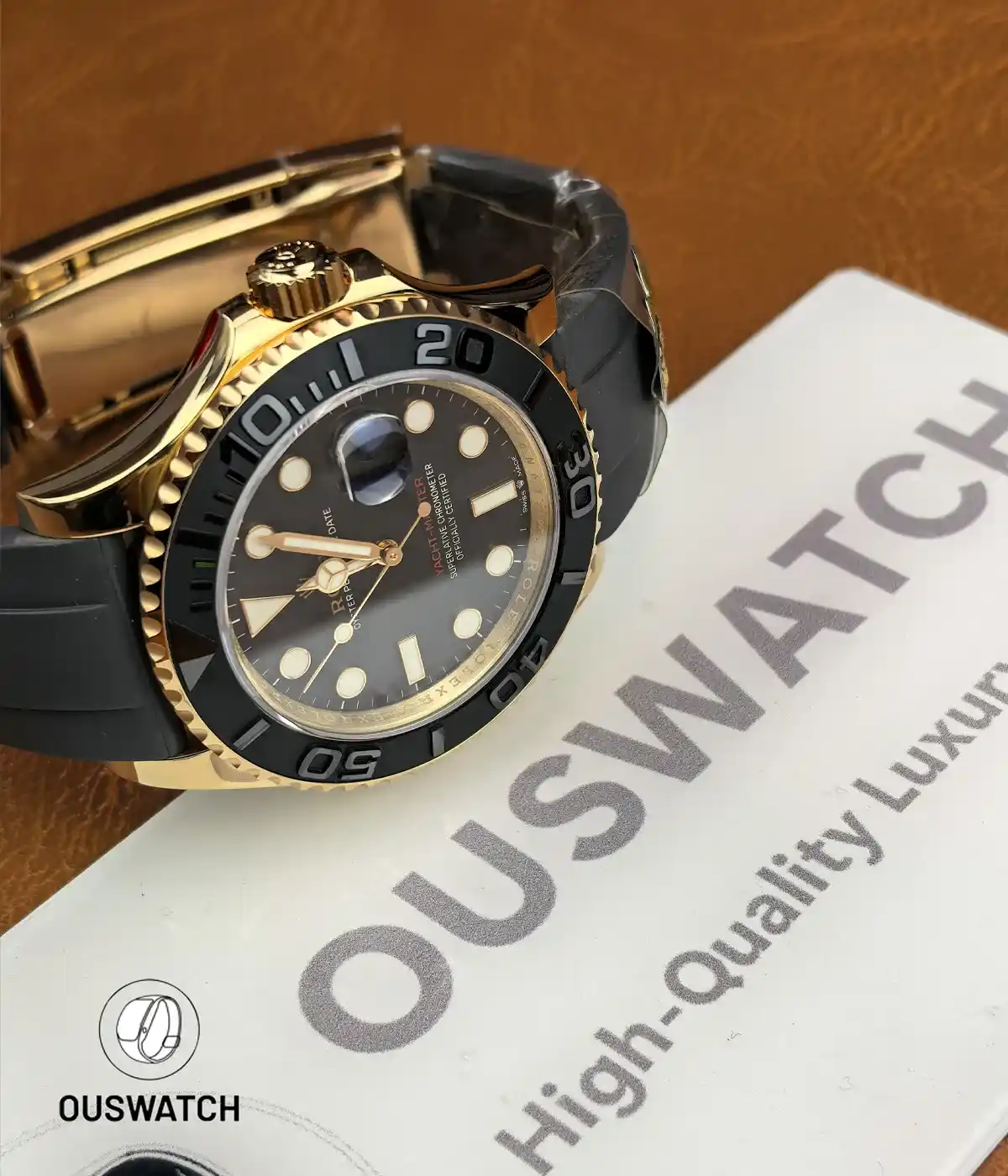 Tabletop display of the Rolex Yacht-Master Rose Gold 126655 watch.