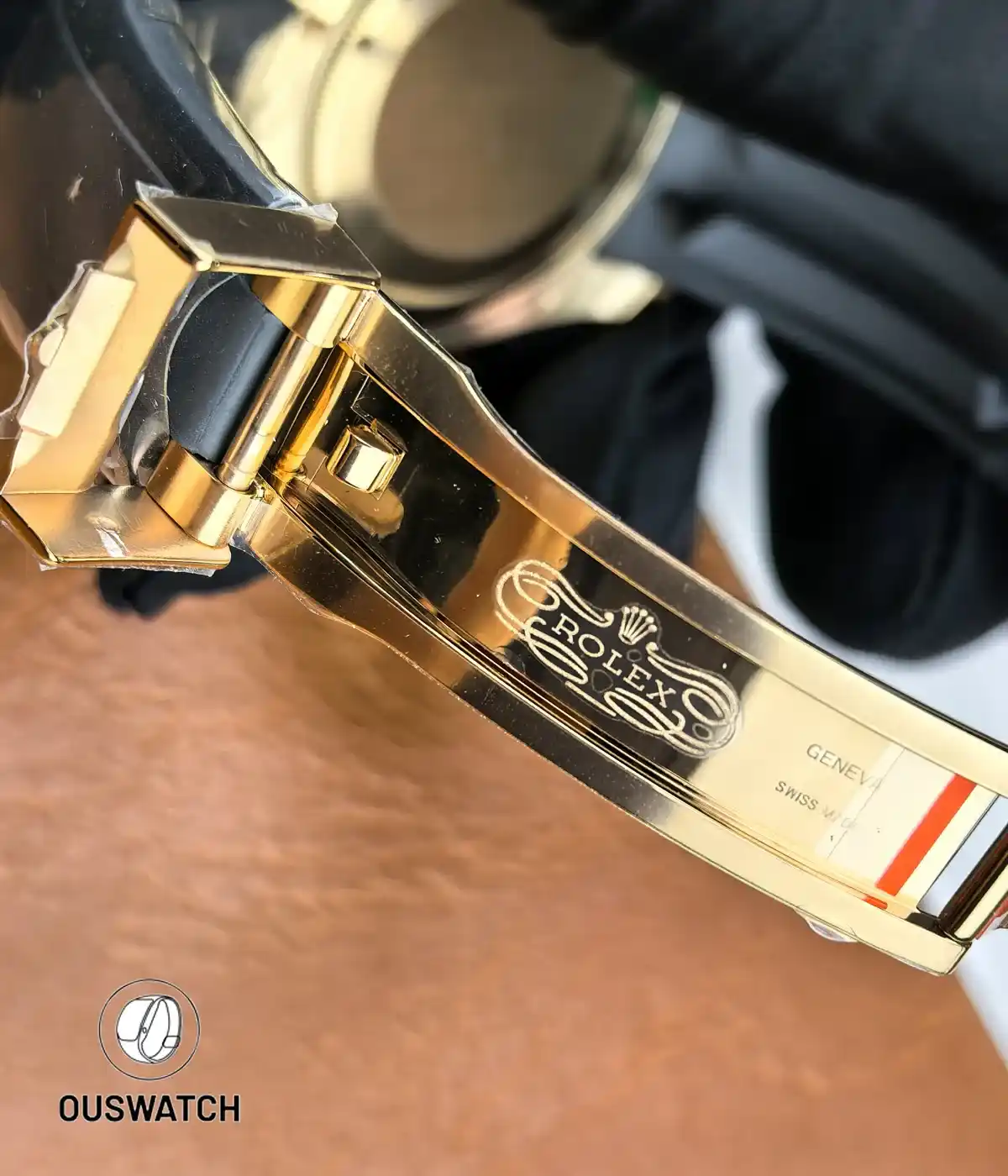 Close-up of the opened clasp on the Rose Gold Yacht-Master 126655.