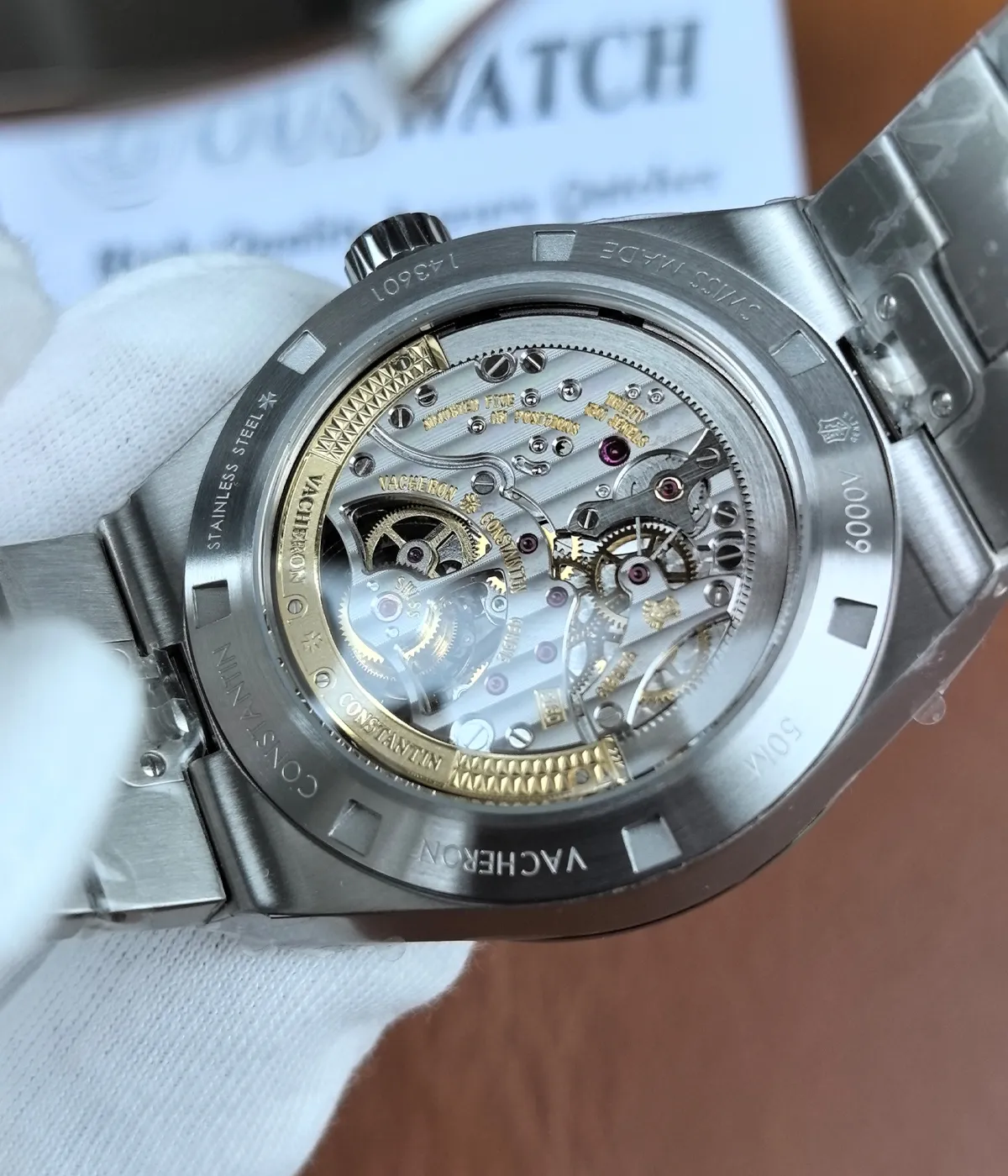 Close-up of the movement architecture on the Vacheron Constantin 6000V/210T-H179 tourbillon watch.