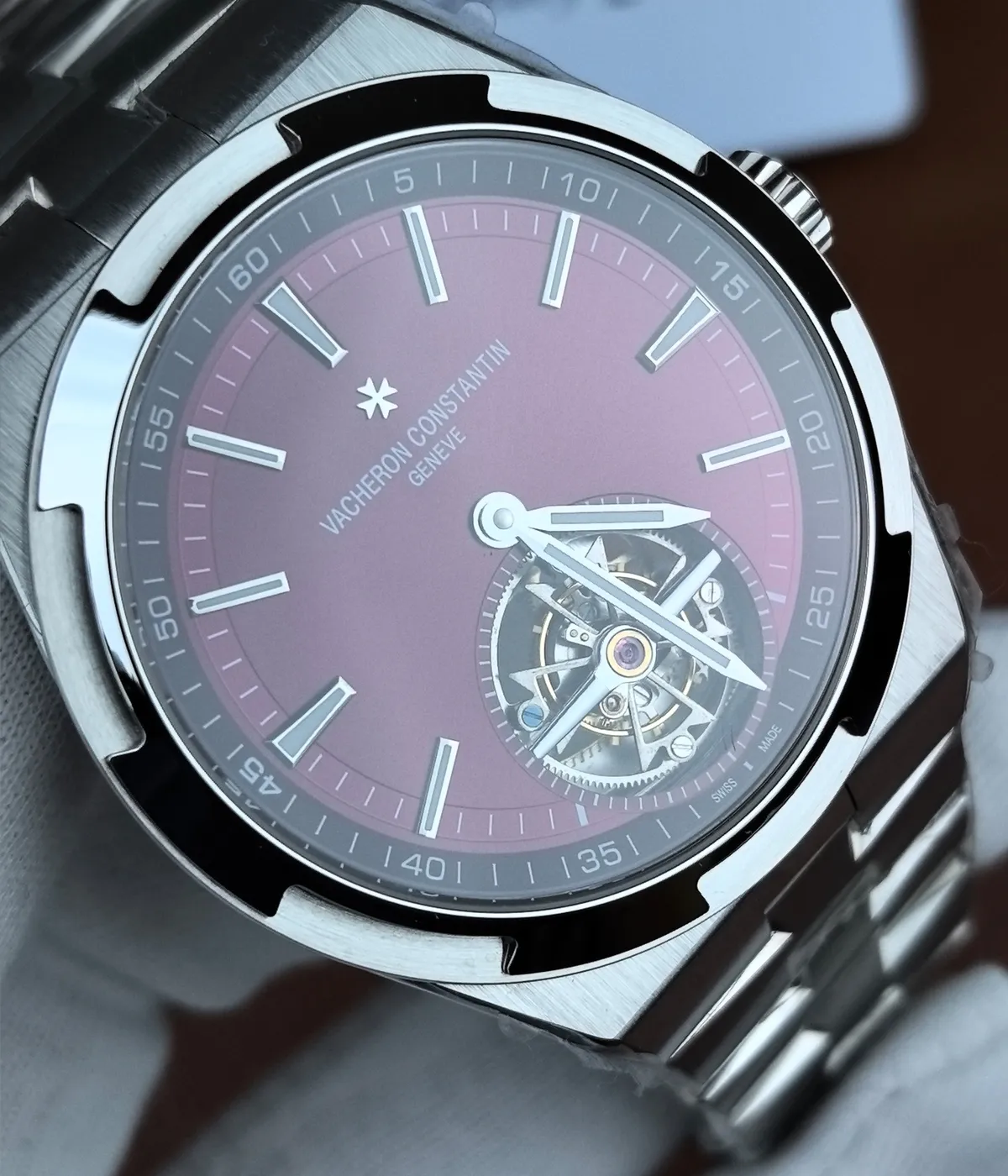 Close-up of the dial on the Vacheron Constantin Overseas 6000V/210T-H179 tourbillon watch.