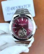Front view of the Vacheron Constantin Overseas Tourbillon 6000V/210T-H179 replica watch with red dial and integrated bracelet.