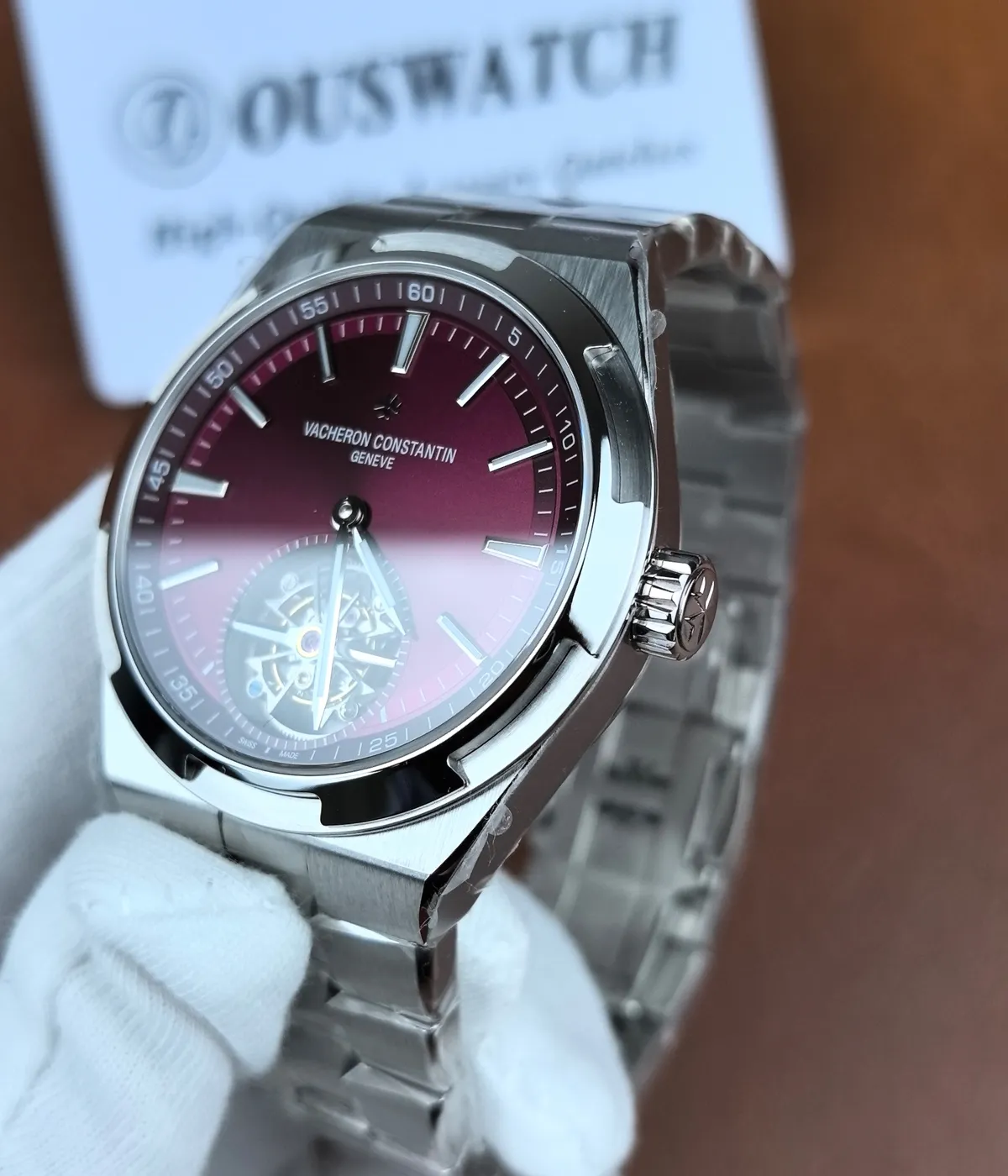 75-degree angle view of the Vacheron Constantin Overseas Tourbillon 6000V red dial watch.