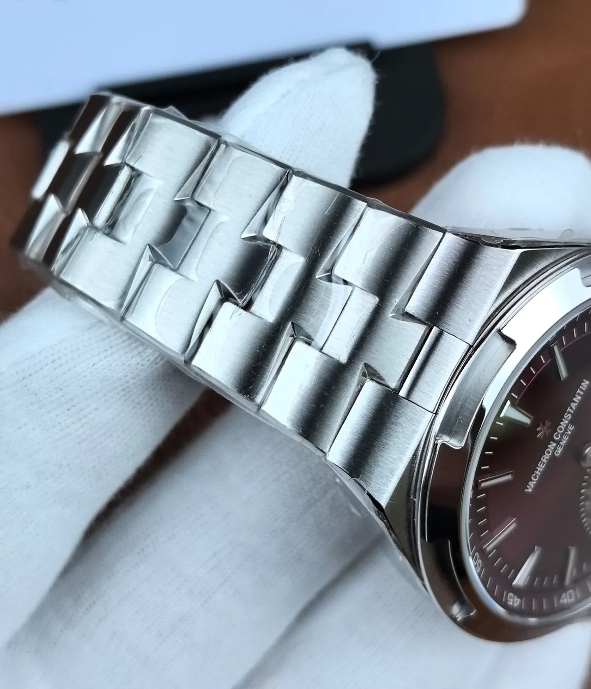 Close-up of the bracelet finishing on the Vacheron tourbillon watch.