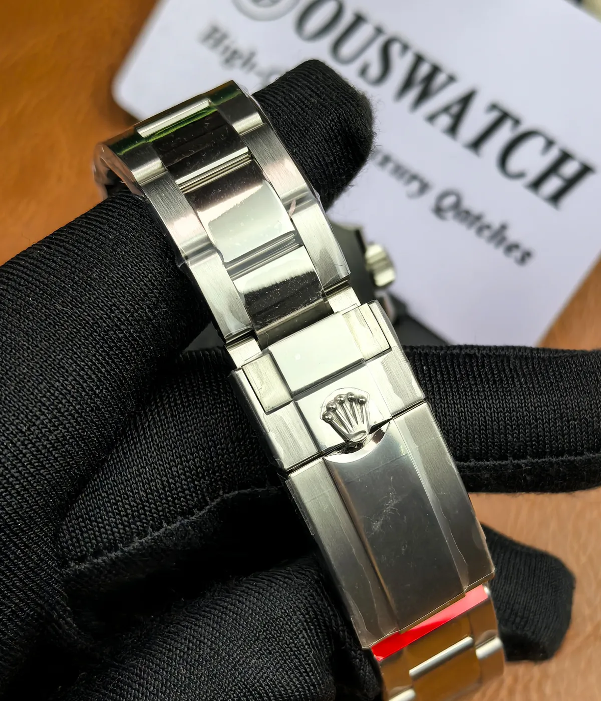 Close-up of the white gold Rolex GMT watch bracelet with brushed and polished links