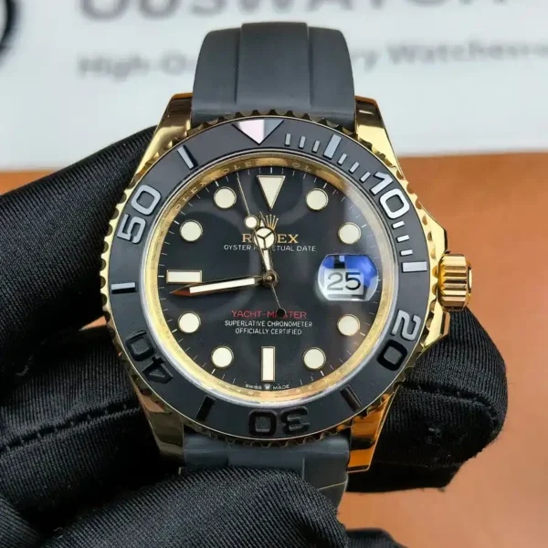 Ouswatch Yacht‑Master 126655 super clone Everose Gold Oysterflex front view under daylight