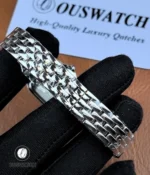Close-up of the Cartier Panthère stainless steel bracelet highlighting the flexible link structure and polished finish.