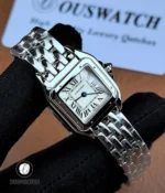 Angled side view of the Cartier Panthère WSPN0013 showcasing the slim case profile and bracelet construction.