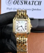 Front view of the Cartier Panthere WGPN0047 watch with a yellow gold finish and silver dial.