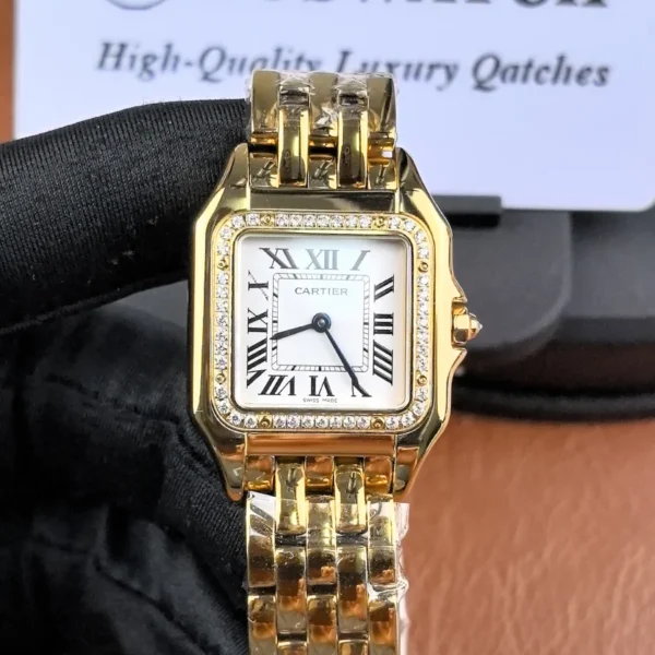 Front view of the Cartier Panthere WGPN0047 watch with a yellow gold finish and silver dial.