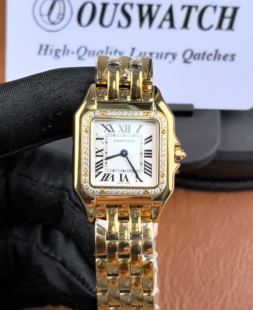Front view of the Cartier Panthere WGPN0047 watch with a yellow gold finish and silver dial.
