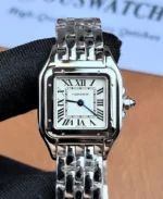 Front view of the Cartier Panthère Small Model WSPN0013 stainless steel watch featuring the iconic square case and silver dial.