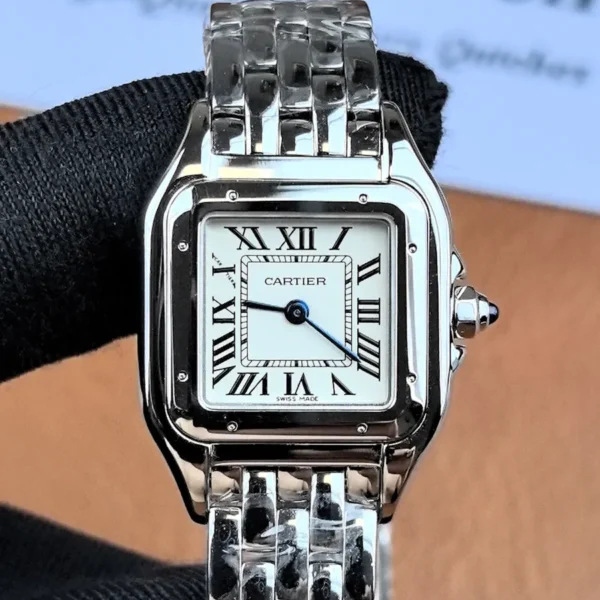 Front view of the Cartier Panthère Small Model WSPN0013 stainless steel watch featuring the iconic square case and silver dial.