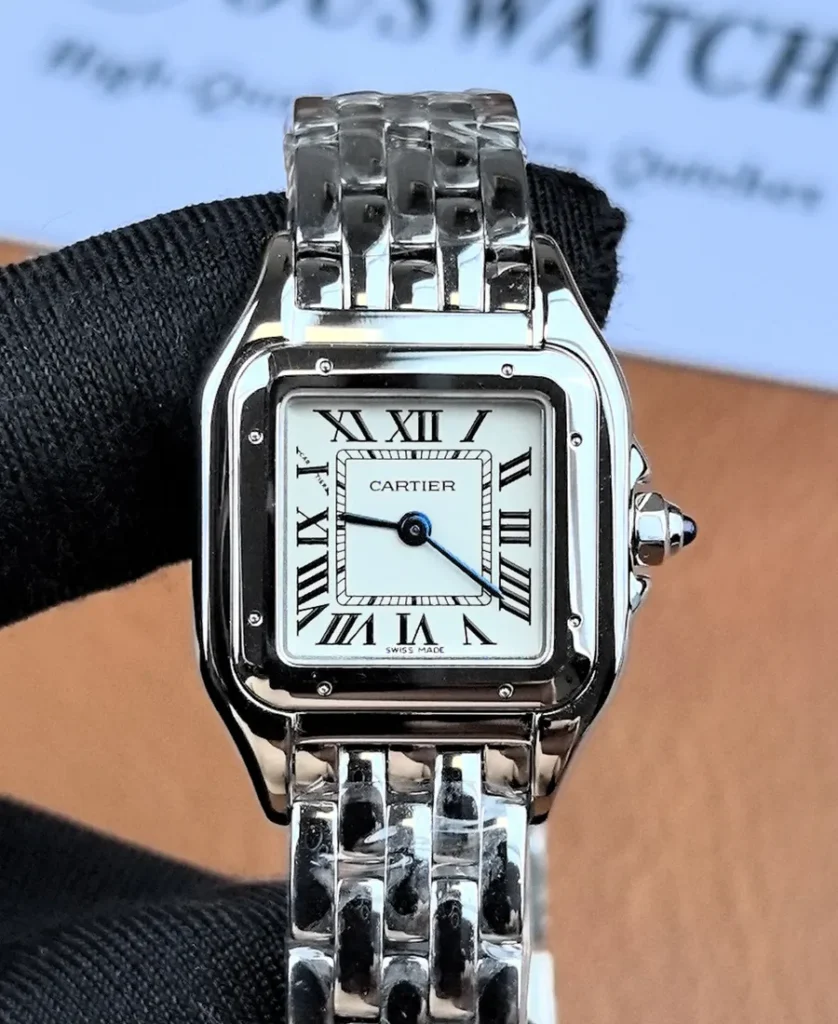 Front view of the Cartier Panthère Small Model WSPN0013 stainless steel watch featuring the iconic square case and silver dial.