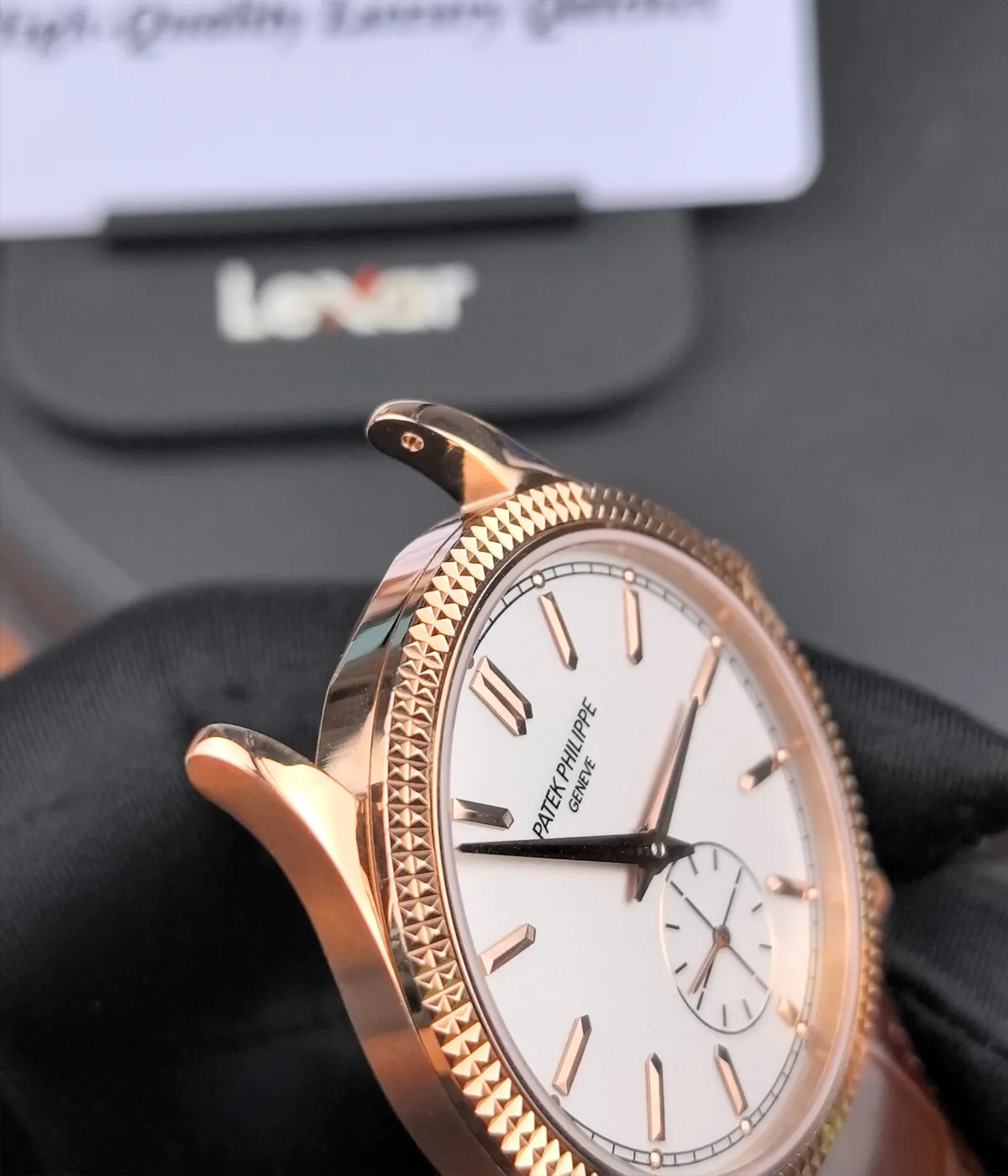 Close-up of the Clous de Paris hobnail bezel on the Patek Philippe Calatrava 6119R-001.