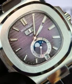 Black dial close-up of the super clone Patek Nautilus 5726A-001, featuring the horizontal embossing texture and clean Annual Calendar display.