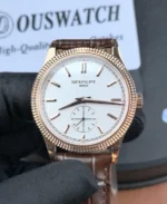 Front view of the Patek Philippe Calatrava 6119R-001 super clone watch with silver dial and rose gold case.