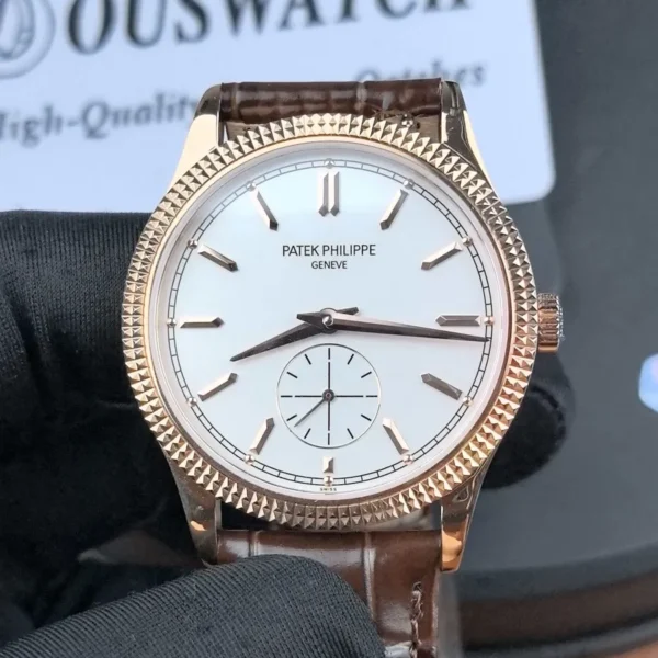 Front view of the Patek Philippe Calatrava 6119R-001 super clone watch with silver dial and rose gold case.