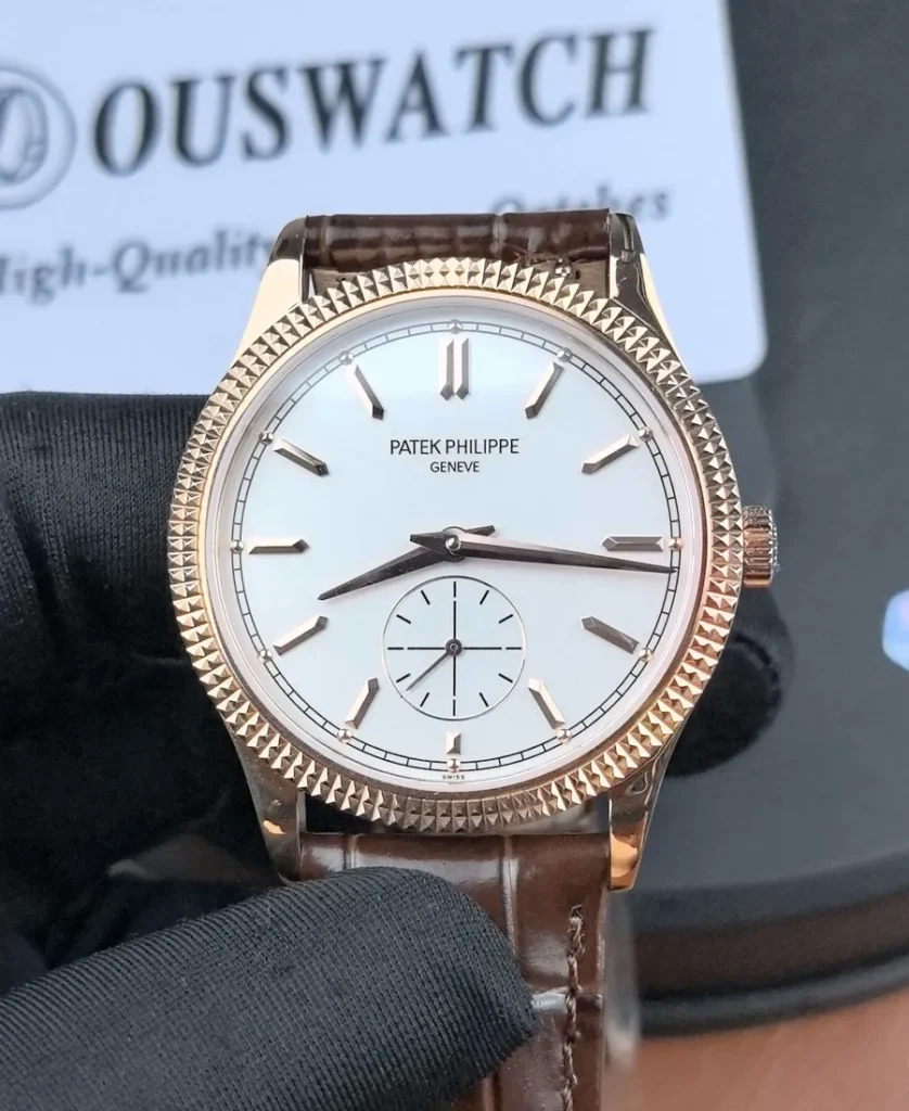 Front view of the Patek Philippe Calatrava 6119R-001 super clone watch with silver dial and rose gold case.
