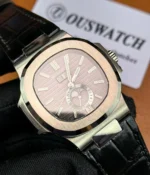120-degree side angle view of the super clone Patek Philippe Nautilus 5726A, highlighting the slim stainless steel case profile and Nautilus-style bezel shape.