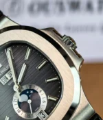 Stainless steel bezel close-up of the super clone Patek Philippe Nautilus 5726A-001, emphasizing the brushed top surface and polished bevels.