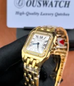 Detail view of the Small Cartier Panthere WGPN0047 bezel and signature crown.