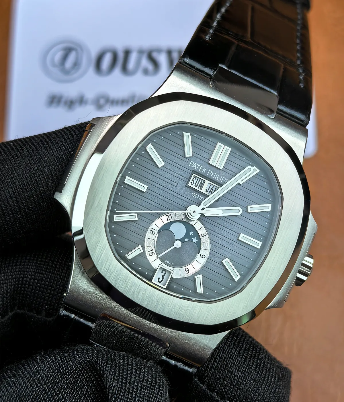 QC photo of the super clone Patek Nautilus 5726A-001 from OUSWatch, showing real watch condition, dial alignment, and case finishing before shipment.