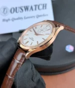 Side profile of the rose gold case on the Patek Philippe Calatrava 6119R-001 watch.